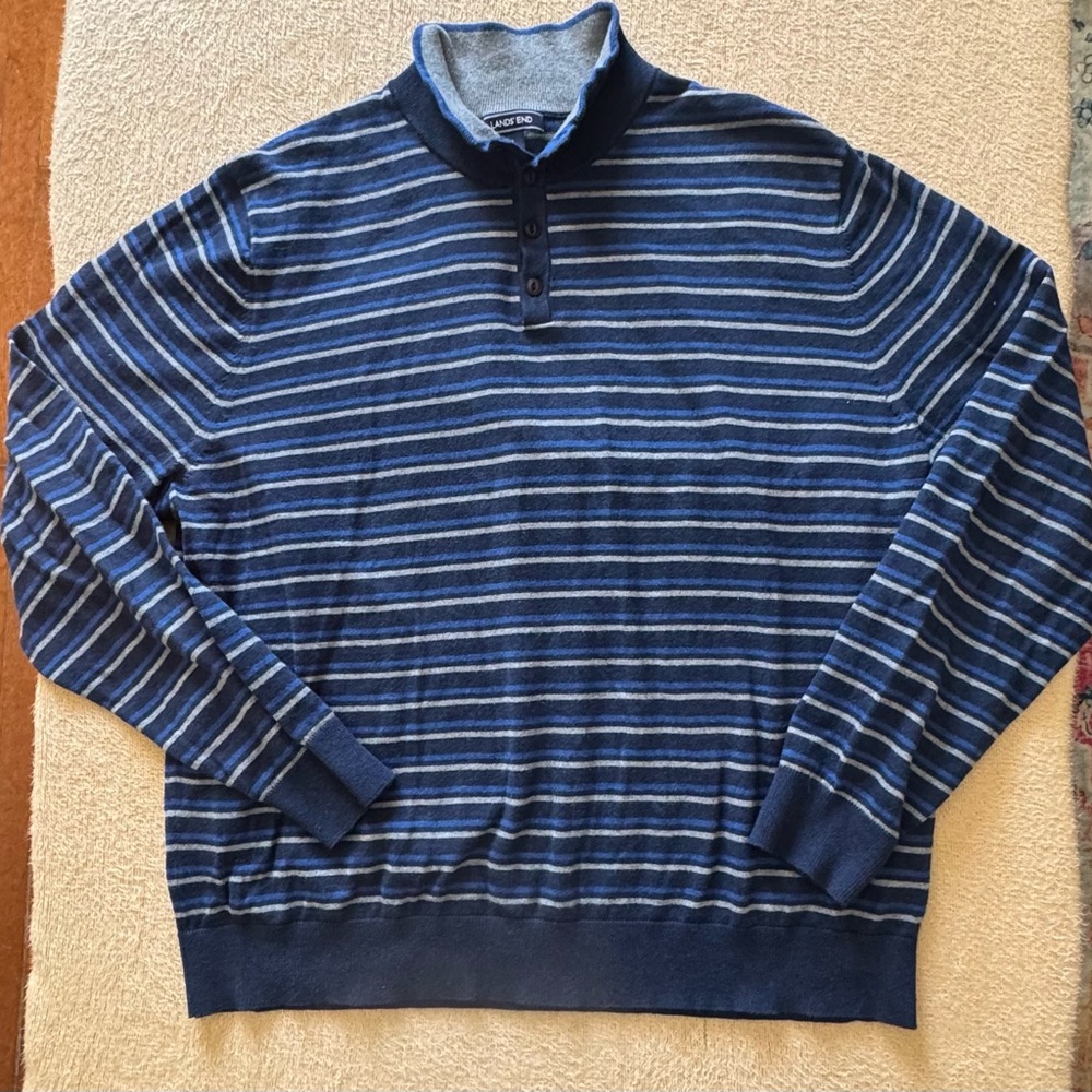 Lands' End Men's Blue Striped Cotton and Cashmere Sweater